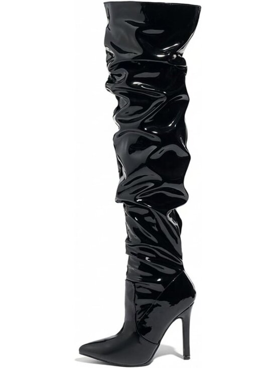 Shoes - Women's Black Pointed Toe Stiletto Heel Side Zipper Dress Sexy Thigh High Boots